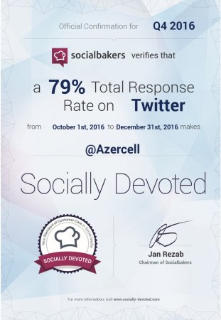 “Socialbakers” şirkəti növbəti dəfə Azercell-i sertifikatla təltif edib