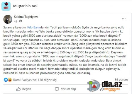 `Yelo Bank` müştərisini belə narazı salır...