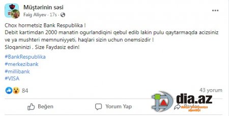 `Bank Respublika` müştərisinin 2000 manat puluna ƏL QOYDU