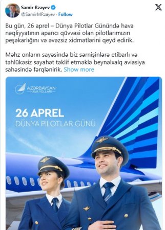 AZAL-ın prezidenti Dünya Pilotlar Günü ilə bağlı paylaşım edib